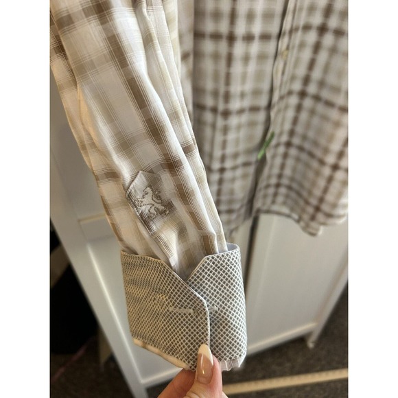 Bugatchi Mens Long Sleeve cream and tan button Up Shaped Fit Dress Shirt XTall - Picture 4 of 9